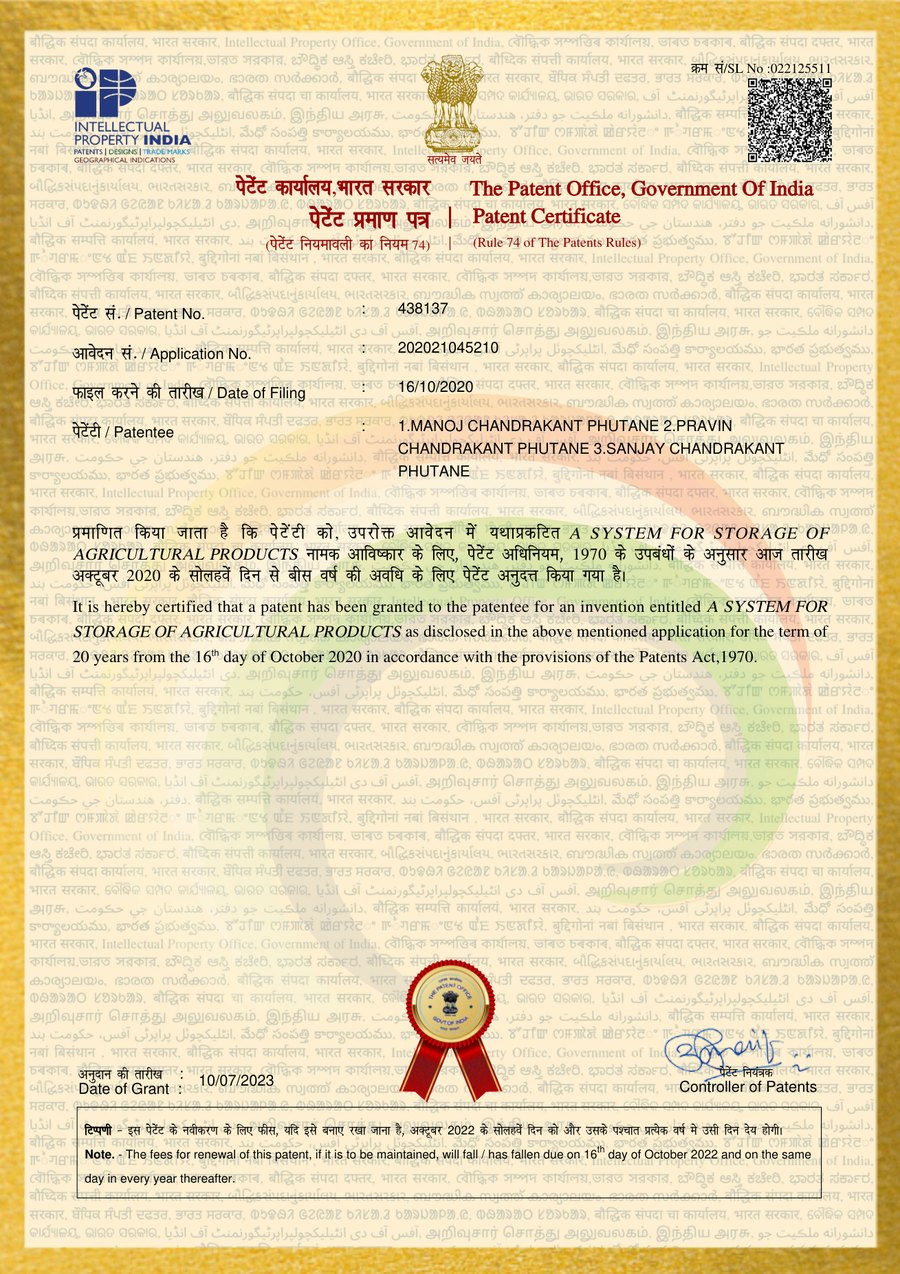 Patent certificate 438137 — A System for Storage of Agricultural Products